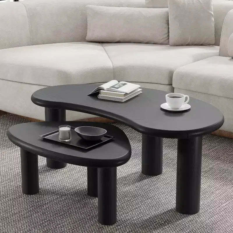 PexFix 34 Modern Black Nested Coffee Tables Set 2-Piece Irregular Organic Shaped Solid Wood Accent Tables for Home Office Living Room & Bedroom