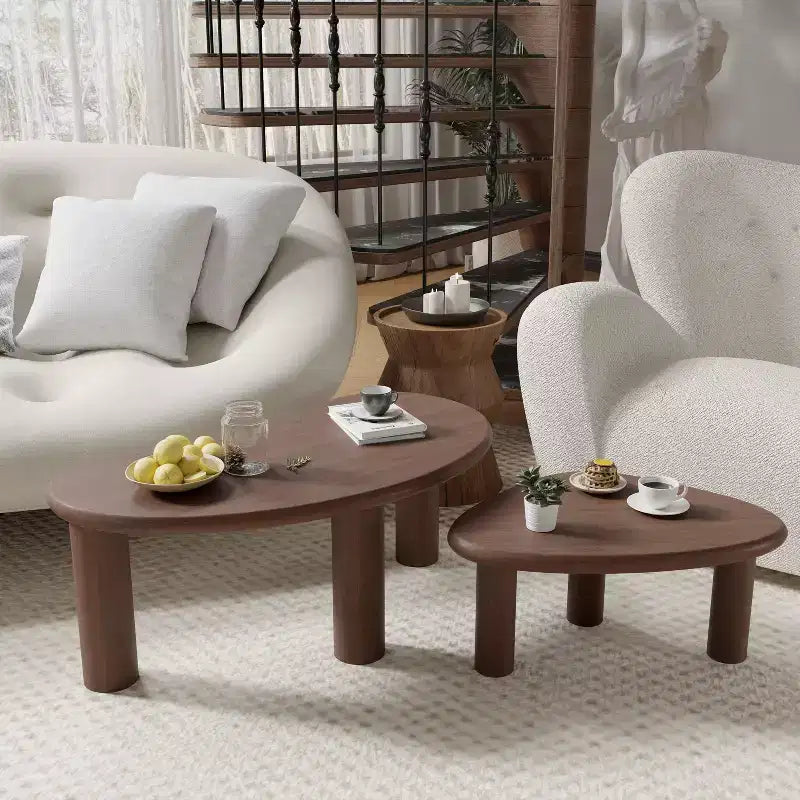 PexFix 34 Modern Walnut Nested Coffee Tables Set 2-Piece Irregular Organic Shaped Solid Wood Accent Tables for Home Office Living Room & Bedroom
