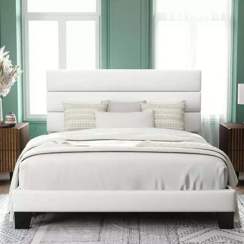 Allewie Velvet Upholstered Bed with Wooden Slats, No Box Spring Needed, Easy Assembly, White