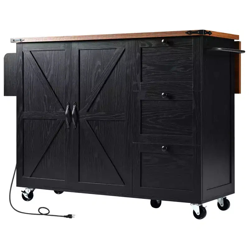 Bellemave 54.5 Farmhouse Kitchen Island with Power Outlet, with Internal Storage Rack, for Home, Kitchen and Dining Room,Black