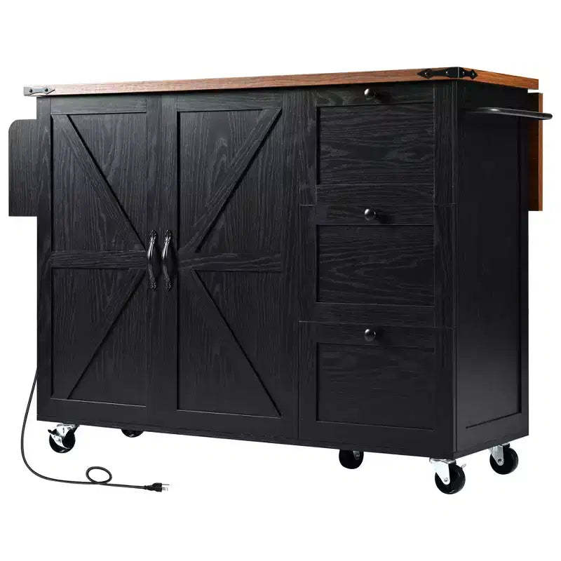 Bellemave 54.5 Farmhouse Kitchen Island with Power Outlet, with Internal Storage Rack, for Home, Kitchen and Dining Room,Black