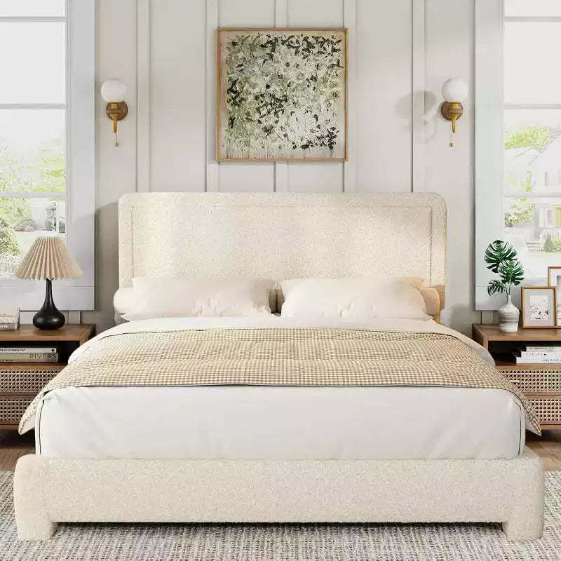 Dyonery Boucle Bed Frame,Upholstered Teddy Fabric Bed Frame, Soft Rounded Corners, Adjustable Headboard, Easy Assembly