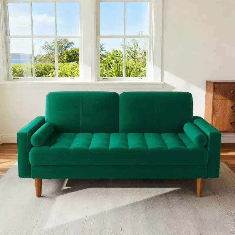 Dyonery 67 Sofa Velvet Loveseat Couch Mid Century Modern Sofa Couch with Solid Wood Legs Beige
