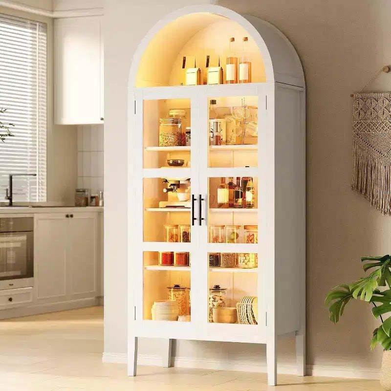 70 Tall Arched Kitchen Pantry Cabinet with LED Lights and Adjustable Shelves,Arched Bookshelf for Kitchen, Dining Room, Living Room