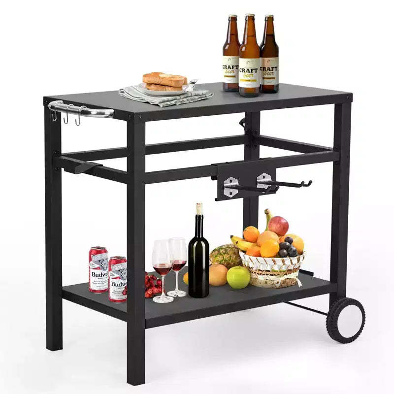 GustoWave 33x20 Metal Grill Cart for Outside, Outdoor Grill Table with 2-Shelf, Easy-to-Clean, Versatile BBQ Table, Black