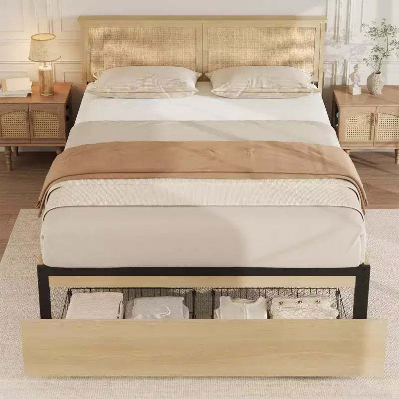 Rattan Bed Frame with Rattan Headboard, 2 Drawers, Boho Storage Bed Frame, No Box Spring Needed, Noise Free