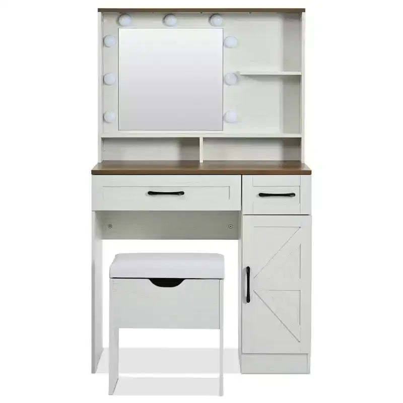 Bellemave Makeup Vanity Desk with Mirror and Lights,Dressing Table with Adjustable Shelves,2 Drawers and Side Cabinet for Bedroom, White