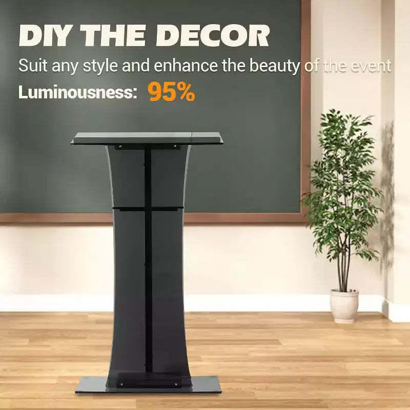 47in Tall Floor-Standing Acrylic Podium with Storage Compartments, Easy to Move, Suitable for Offices, Conference Rooms, Schools, Churches, Black