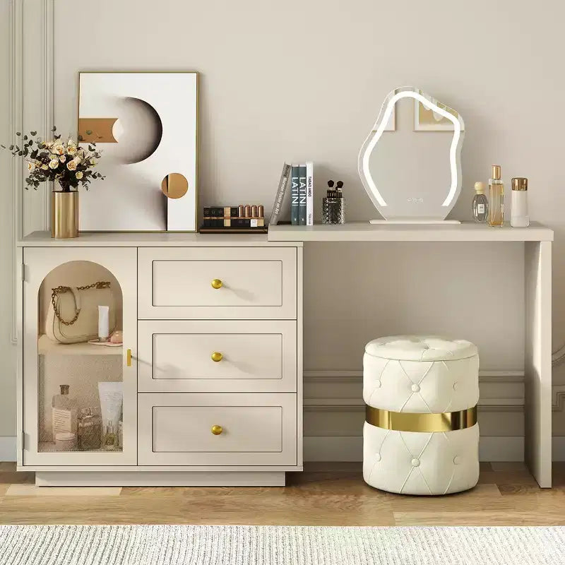 Heynemo Large Extendable Makeup Vanity Desk, Corner Vanity Table with 3 Drawer & Door, Modern Dressing Table and Chest of Drawers Combo, Beige