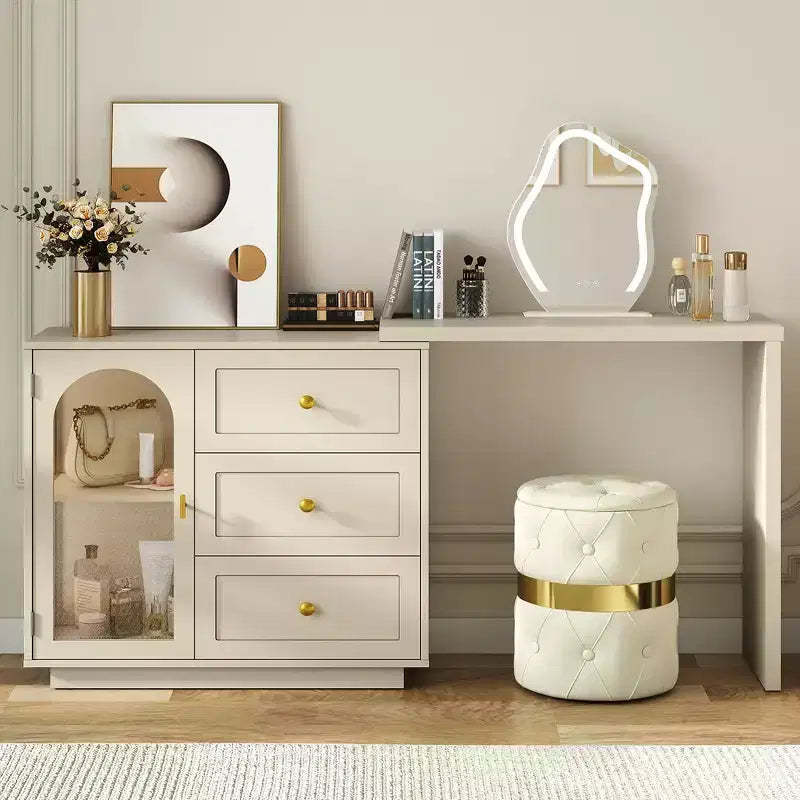 Heynemo Large Extendable Makeup Vanity Desk, Corner Vanity Table with 3 Drawer & Door, Modern Dressing Table and Chest of Drawers Combo, Beige