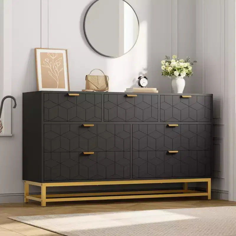 COZONY 7-Drawer Wide Dresser with Gold Handles, Modern Wood Storage Cabinet, Large Chest of Drawers for Bedroom Living Room