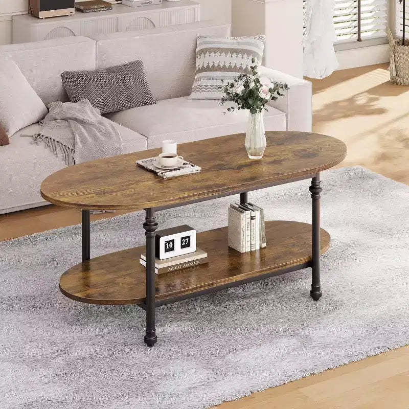 Industrial Coffee Table, 47.2 Inch Oval 2-Tier Center Table with Metal Frame & Open Storage, Modern Farmhouse Design for Living Room