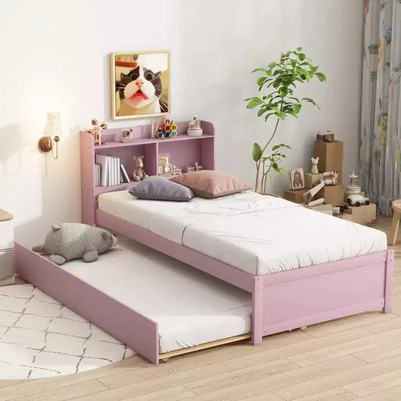 GDFStudio Cassandra Modern Twin Bed with Trundle and Storage Headboard