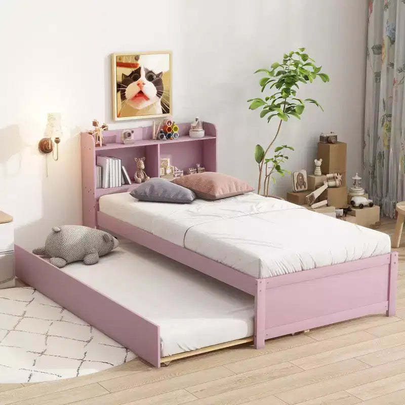 GDFStudio Cassandra Modern Twin Bed with Trundle and Storage Headboard