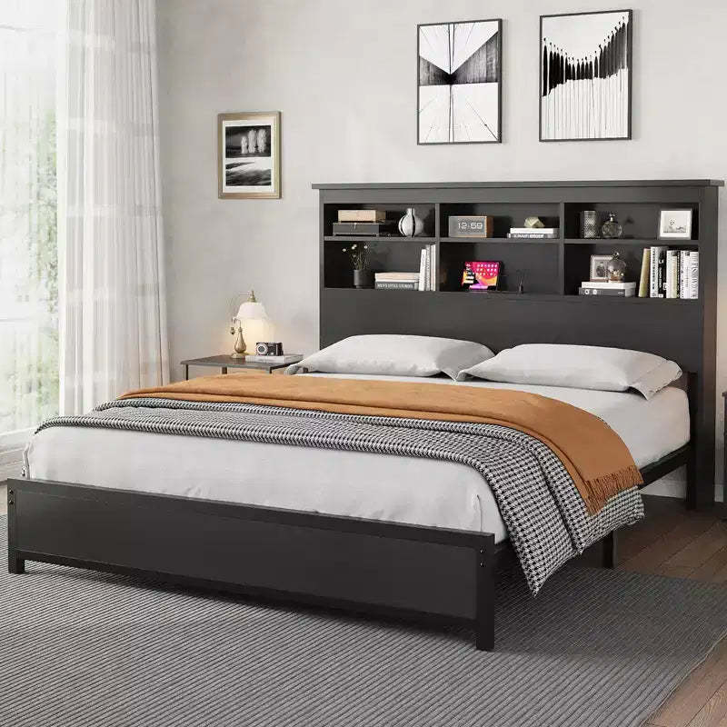 Bed Frame with Bookcase Headboard, Integrated Type-C & USB Charging Station, Under Bed Storage, 700LB Capacity, No Box Spring Needed, Black