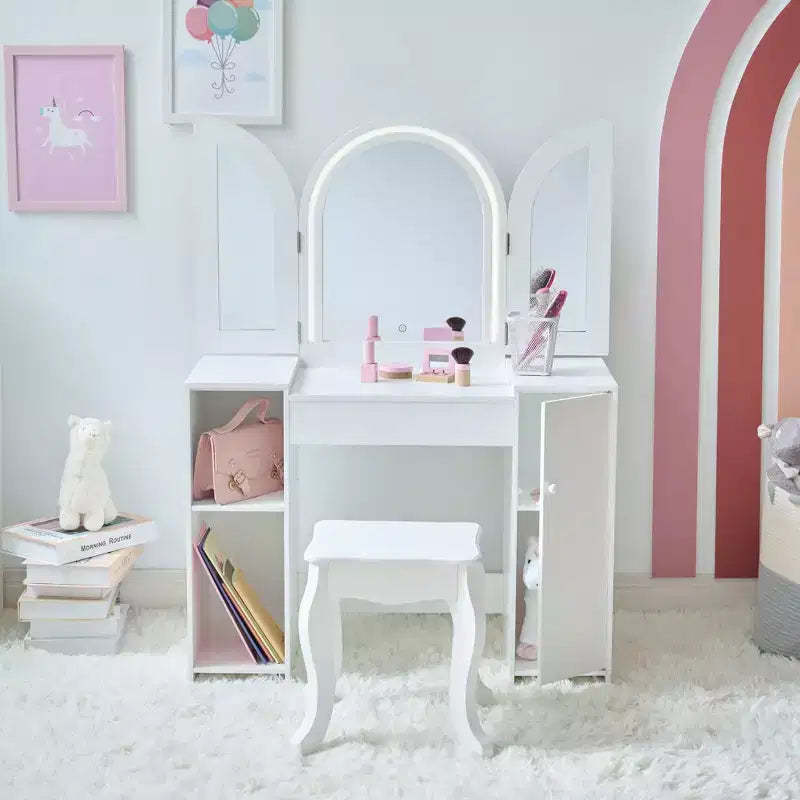 Teamson Kids Deluxe Glow Wooden Vanity Desk with LED Mirror, Storage & Stool, White
