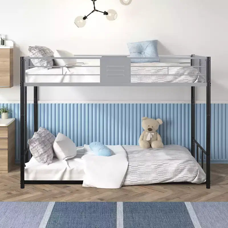 Okak Twin over Twin Metal Floor/Tall Bunk Bed with Vent Board, Noise Reduced Kids Bunk Beds with Safety Guardrail, Heavy-Duty Bed Frames for Bedroom
