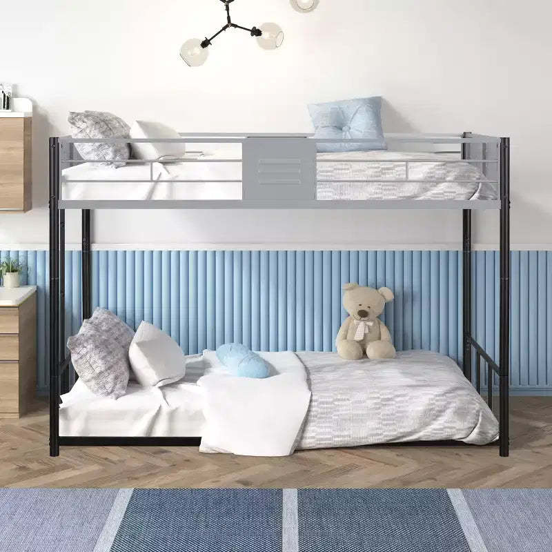 Okak Twin over Twin Metal Floor/Tall Bunk Bed with Vent Board, Noise Reduced Kids Bunk Beds with Safety Guardrail, Heavy-Duty Bed Frames for Bedroom