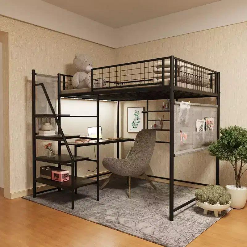 Okak Full Size Loft Bed with Safety Guardrail, Bunk Bed with Desk, Ladders and Storage Shelves, Twin Bed for Kids and Adults