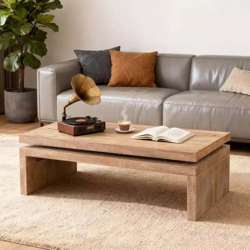 Modern Rustic Wood Coffee Table with Floating Top, 47 Rectangular