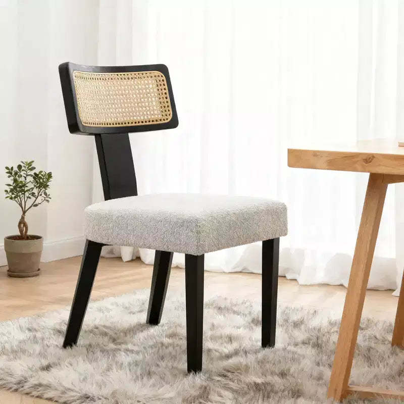 Homy Casa Set of 2 Upholstered Dining Chairs with Rattan Back and Black Wood Frame, Beige Fabric