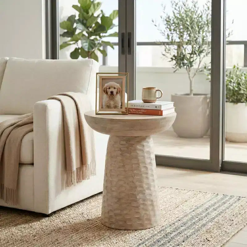 Handcrafted Wood Accent End Side Table - Textured Night Stand with Hammered Base - Modern Bedside or Drink Table for Small Spaces - 20, White