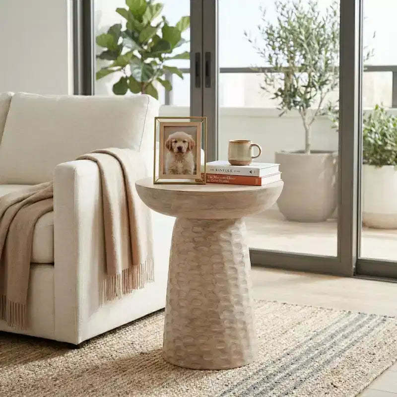 Handcrafted Wood Accent End Side Table - Textured Night Stand with Hammered Base - Modern Bedside or Drink Table for Small Spaces - 20, White