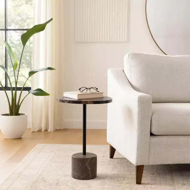 Side Table with Round Marble Top and Decorative Base - Modern Accent Piece for Small Spaces, Room Decor, and Home Decor - 21, Black & Brown