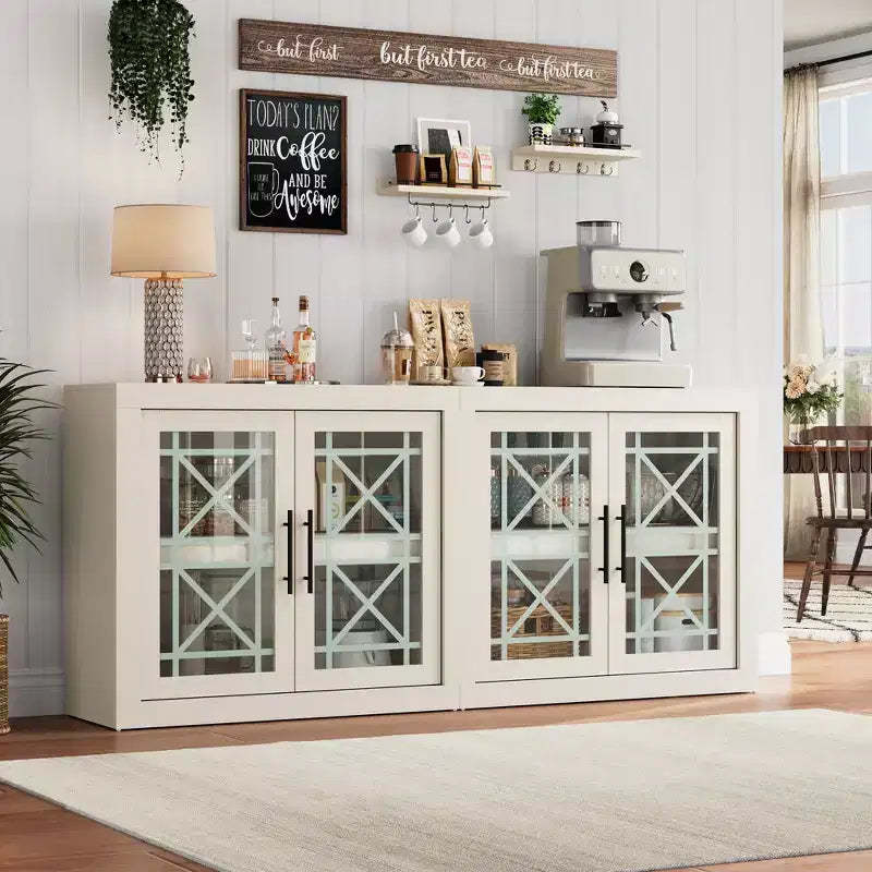Buffet Storage Cabinet with 4 Glass Pattern Design Doors, 70.8 Wide Modern Coffee Bar Cabinet Wooden TV Stand for Kitchen Dining Room Living Room