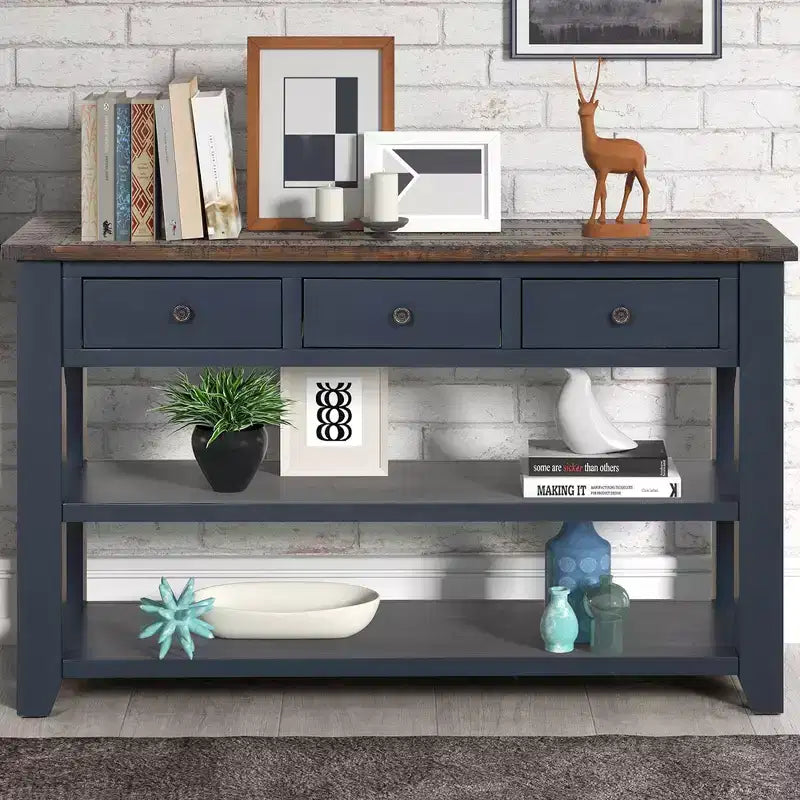 Okak 48IN Retro Console Table with Wooden Tabletop, Entryway Table with 3 Drawers and 2 Large Shelves, Accent Table for Living Room, Hallway