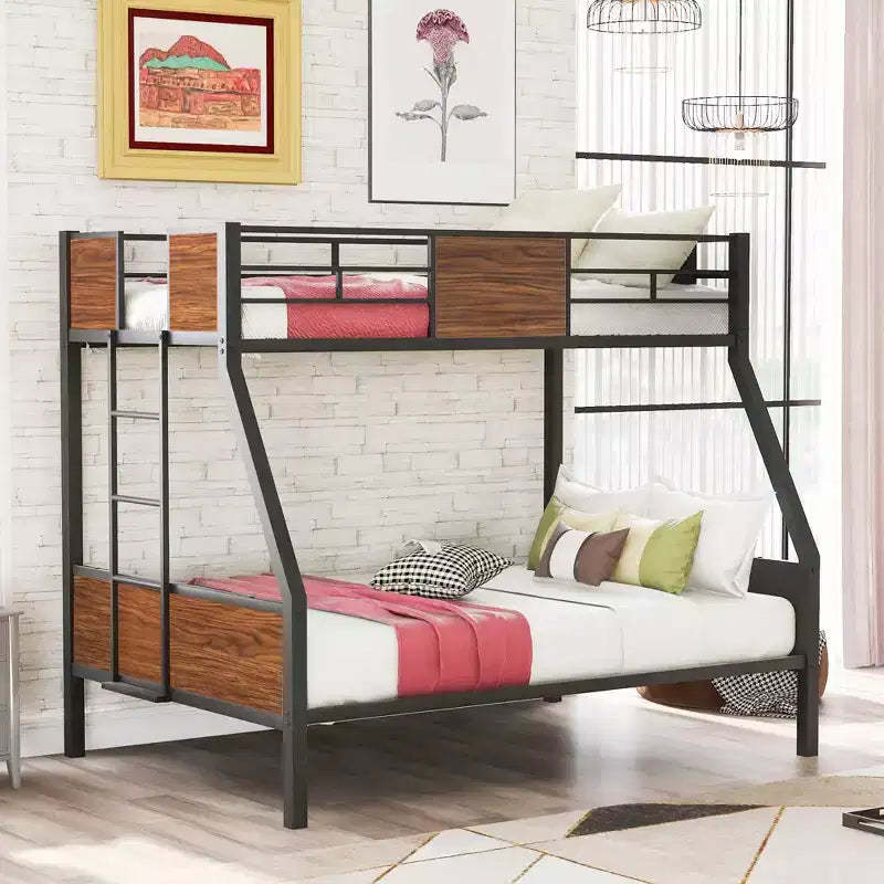 Twin over Full Metal Bunk Bed with Wood Grain, Metal Bunkbeds Frame with Safety Rail for Kids Adults, Brown