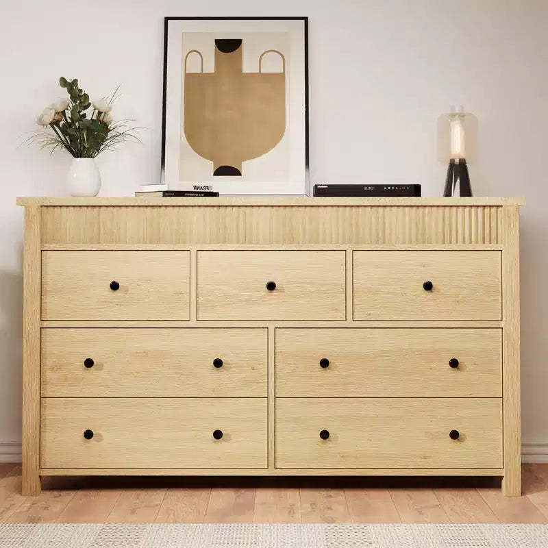 Garvee Fluted 7 Drawer Dresser, 54 Wide 7 Chest of Drawers with Fluted Design, Wooden Dresser Organizer for Bedroom Living Room Nursery