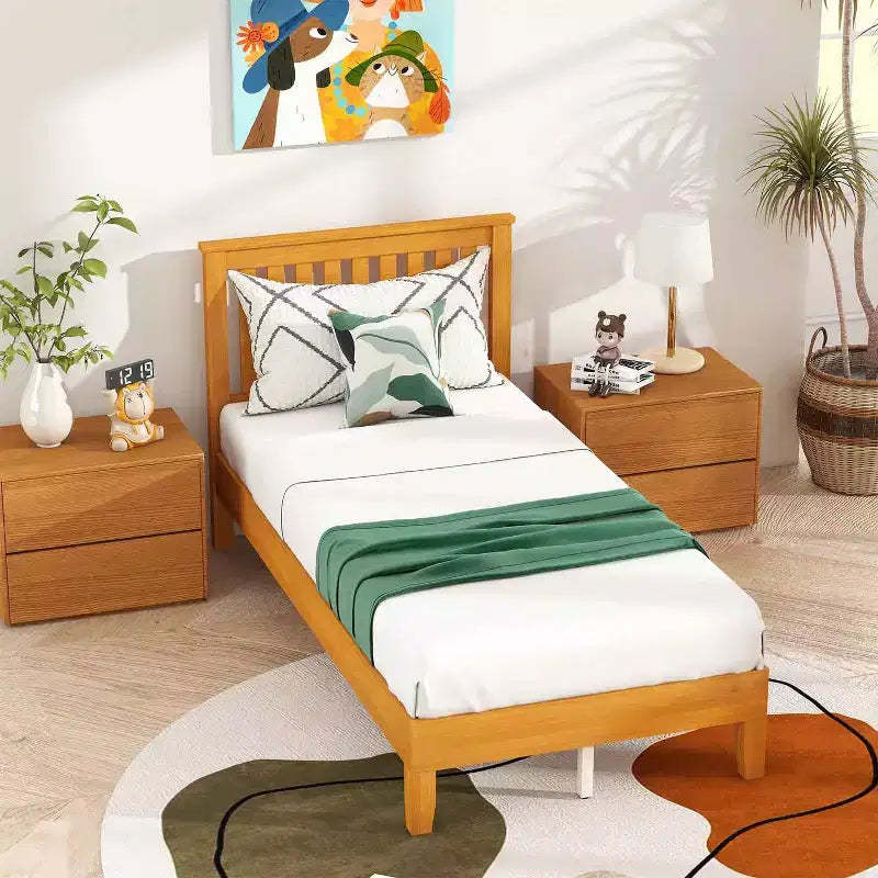 BestMassage Wood Platform Bed Frame Solid Wood Foundation with Headboard No Box Spring Needed
