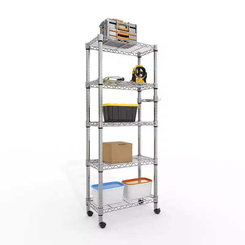 5 Tier Metal Shelving Unit with Wheels, 1100LBS Heavy Duty Wire Rack Storage Organizer with Handle & Adjustable Feet