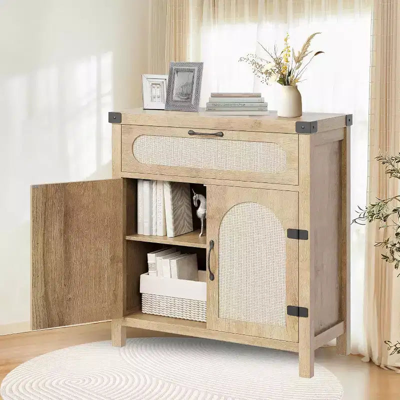 COZONY Rattan Cabinet with Drawer, Sideboard Storage with Adjustable Shelves, Multi-Functional Buffet Cabinet 2 pcs with 2 boxs shipping
