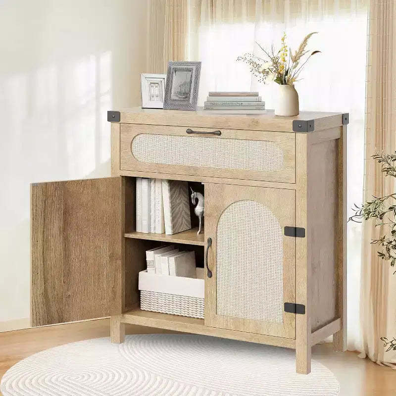 COZONY Rattan Cabinet with Drawer, Sideboard Storage with Adjustable Shelves, Multi-Functional Buffet Cabinet 2 pcs with 2 boxs shipping