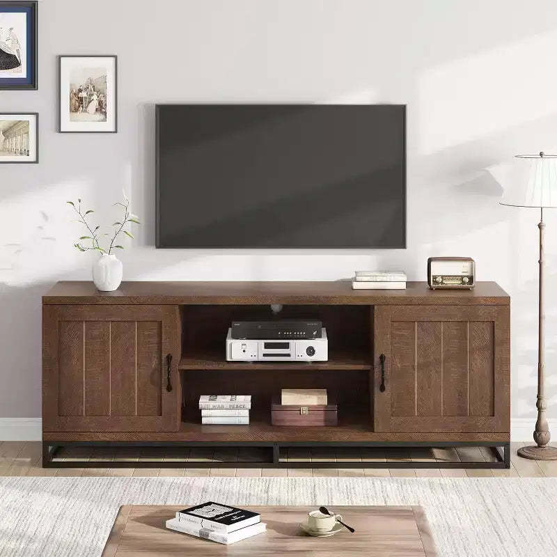 Farmhouse TV Stand for 75 TVs - Sturdy Metal Legs & 2 Open Shelves, Wood Media Console for Living Room