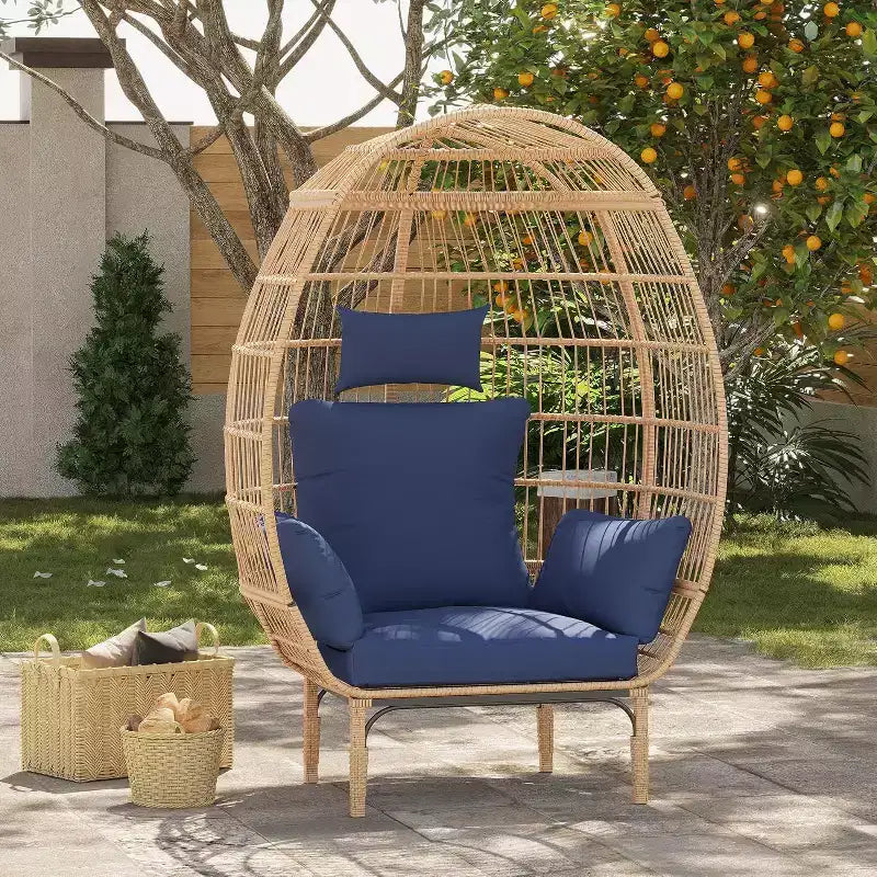 Wicker Egg Chair - Waterproof rattan egg chair with thick seat cushion, hand-woven rattan, galvanized frame, and non-slip feet - for gardens, porches
