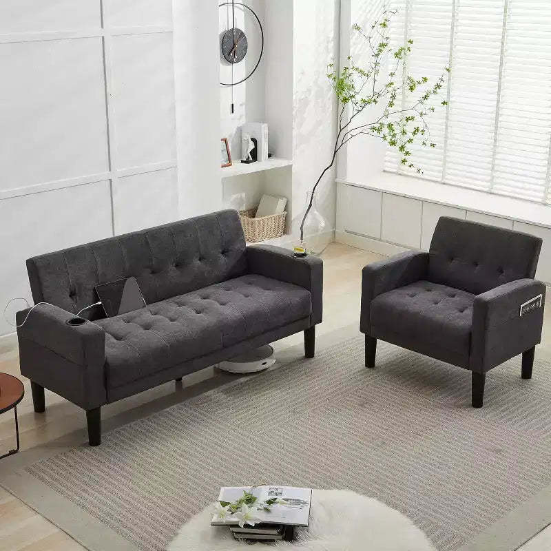 TYBOATLE 2-Piece Sofa Couch, Modern Linen Upholstered Sofa, 2-Piece Set (Loveseat & Chair) Sofa with Deep Seats for Living Room,Dark Gray