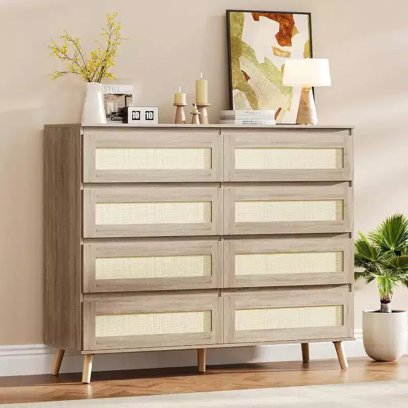 COZONY 8-Drawer Rattan Dresser, Modern Wood Storage Cabinet with Woven Fronts, Wide Chest of Drawers for Bedroom Living Room Hallway