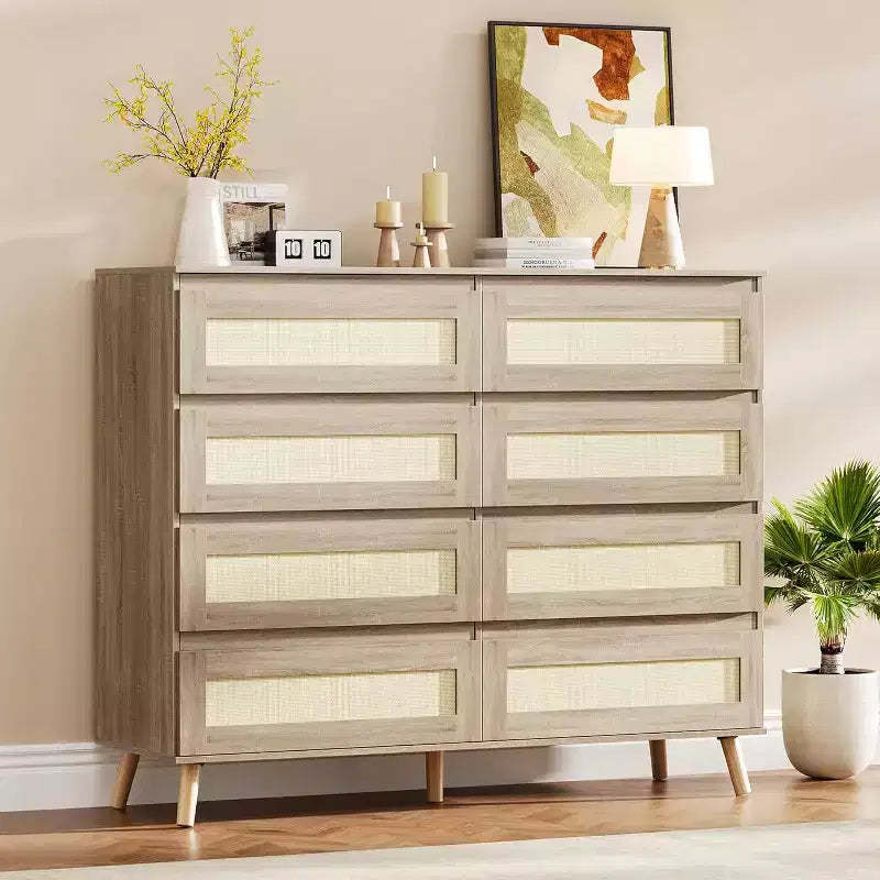 COZONY 8-Drawer Rattan Dresser, Modern Wood Storage Cabinet with Woven Fronts, Wide Chest of Drawers for Bedroom Living Room Hallway