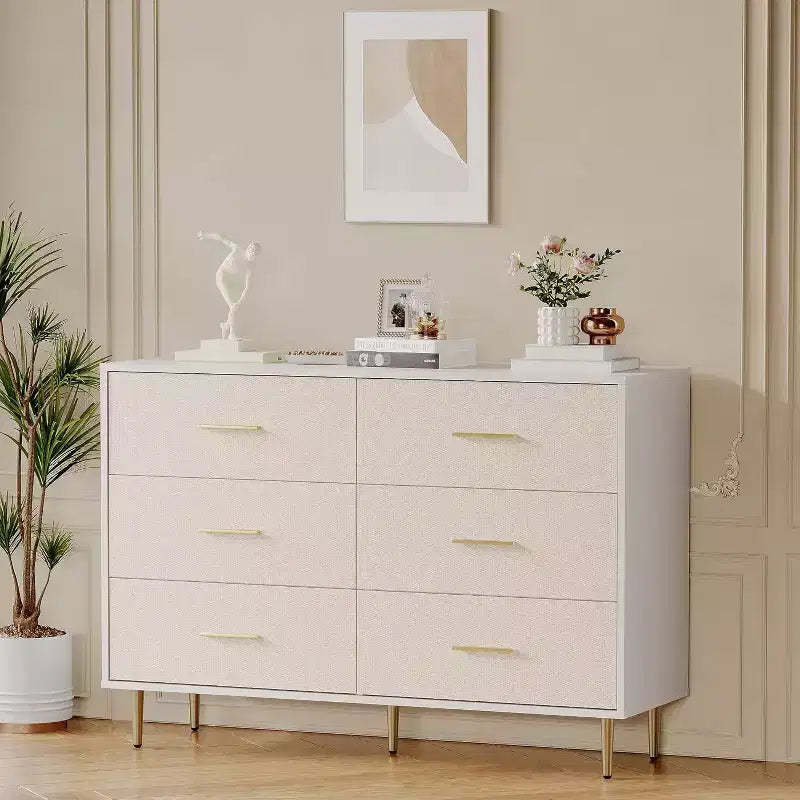 COZONY 6 Drawer White Dresser, Modern Chest of Drawers with Gold Metal Legs and Handles, Fabric Front Wooden Storage Cabinet for Bedroom, Living Room