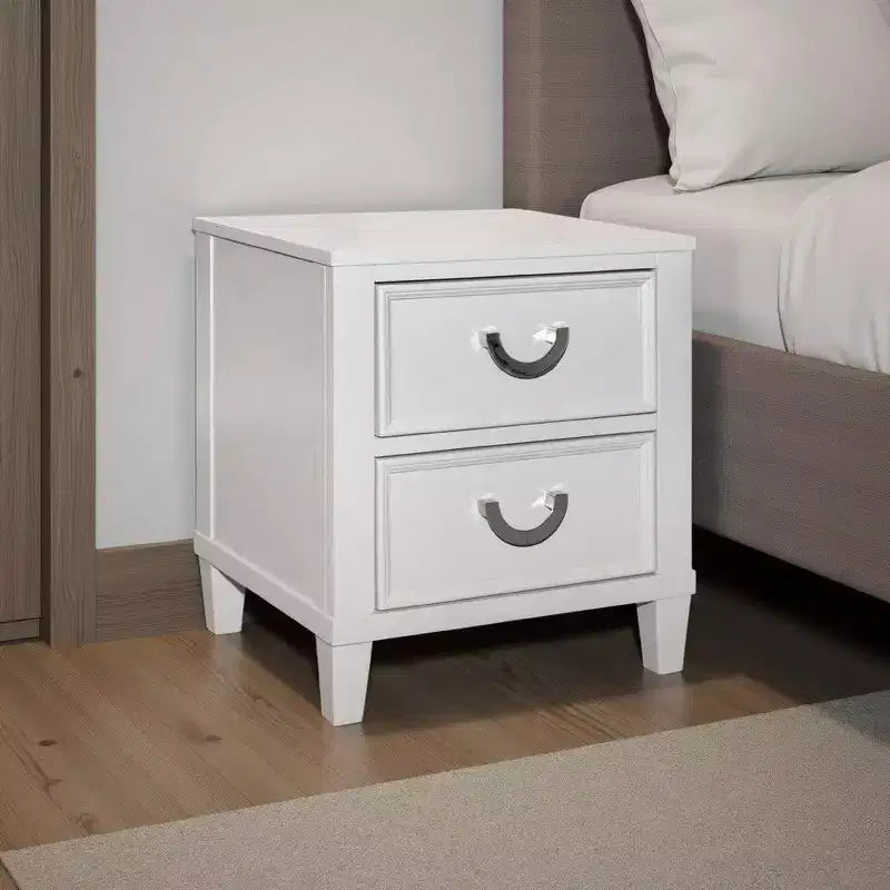 Royal Hampton Nightstand with 2 Drawers, Chrome Metal, White Wood