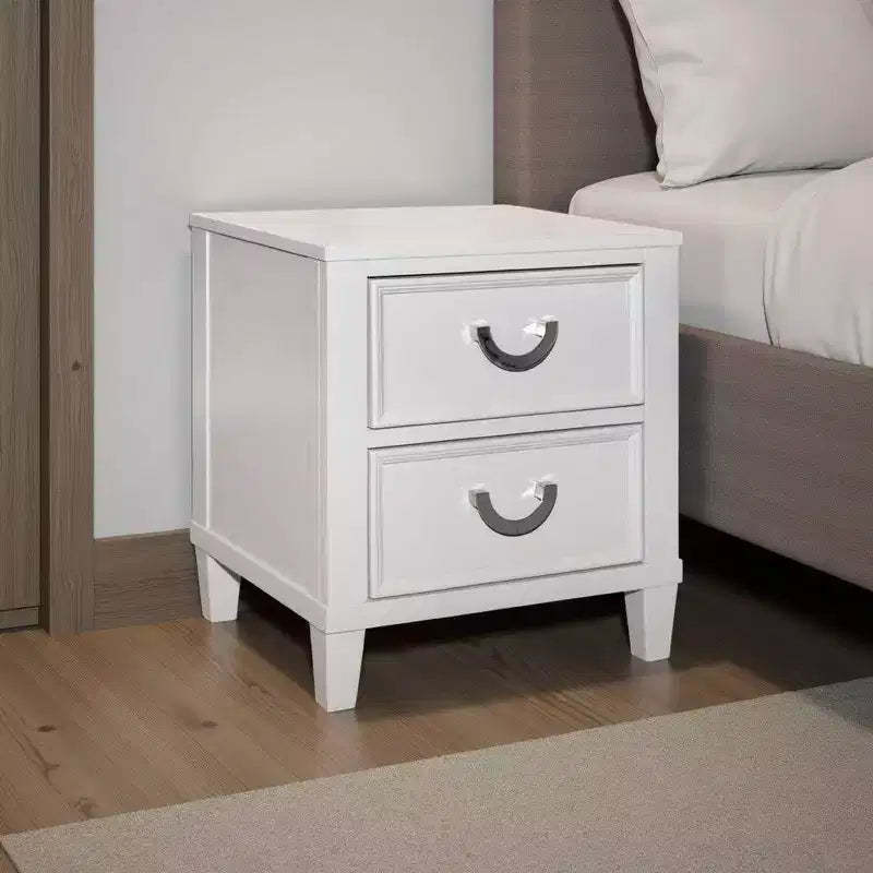 Royal Hampton Nightstand with 2 Drawers, Chrome Metal, White Wood