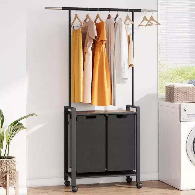Laundry Sorter, Rolling Laundry Hamper 2/3-Section with Wheels & Hanging Rack - 39 Gallon Oxford Cloth Bags, Open Shelf for Laundry Room