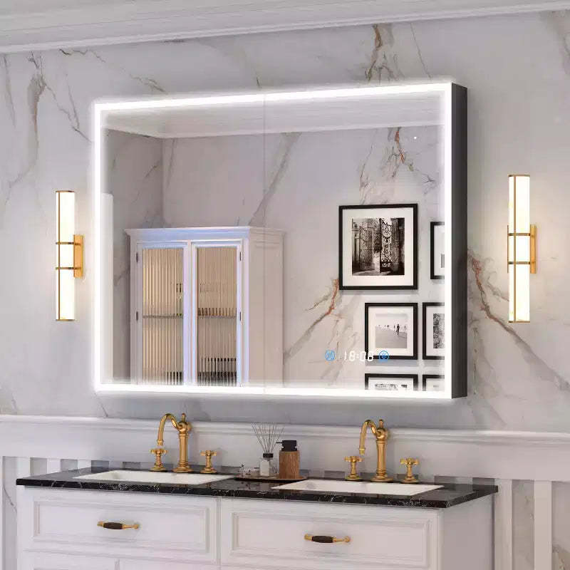 FAMYYT 48 in. W x 36 in. H Rectangular Aluminum Medicine Cabinet with Mirror and Light, Dimmable, Defogger, Black