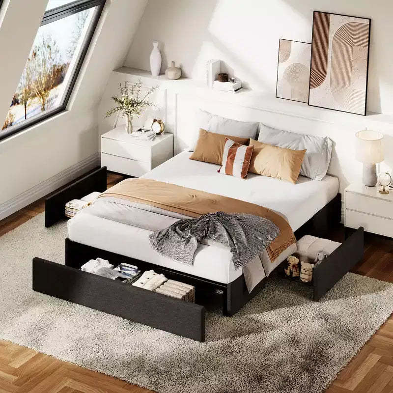 COZONY Bed Frame with 3 Storage Drawers, Fabric Upholstered Platform Bed with Wooden Slats, No Box Spring Needed, Easy Assembly, Grey