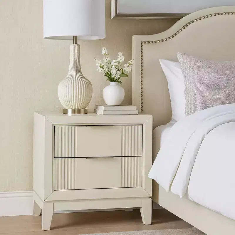 Royal Hampton Nightstand, 2 Drawers, Antique White Finished Solid Wood, 27 Inch