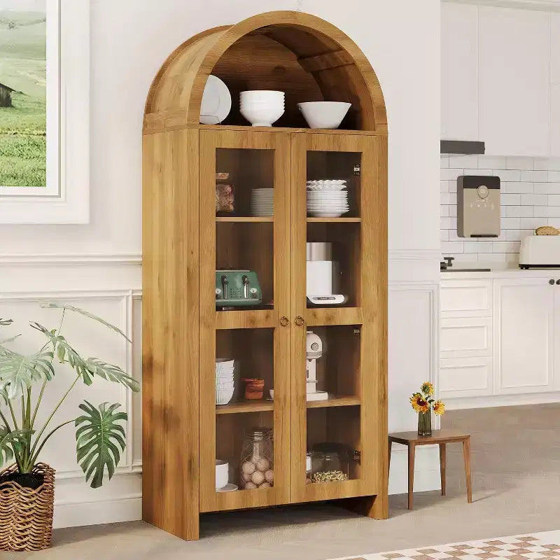 70in Tall Arched Kitchen Pantry, Farmhouse Wood Cupboard Storage Cabinet with Acrylic Doors and Adjustable Shelves for Dining Room Living Room Oak
