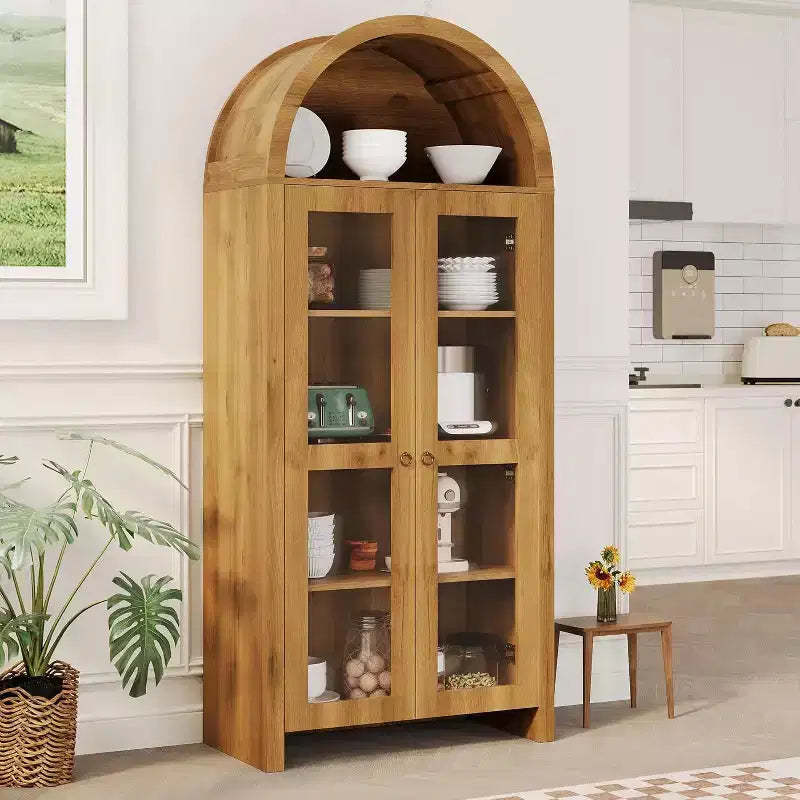 70in Tall Arched Kitchen Pantry, Farmhouse Wood Cupboard Storage Cabinet with Acrylic Doors and Adjustable Shelves for Dining Room Living Room Oak